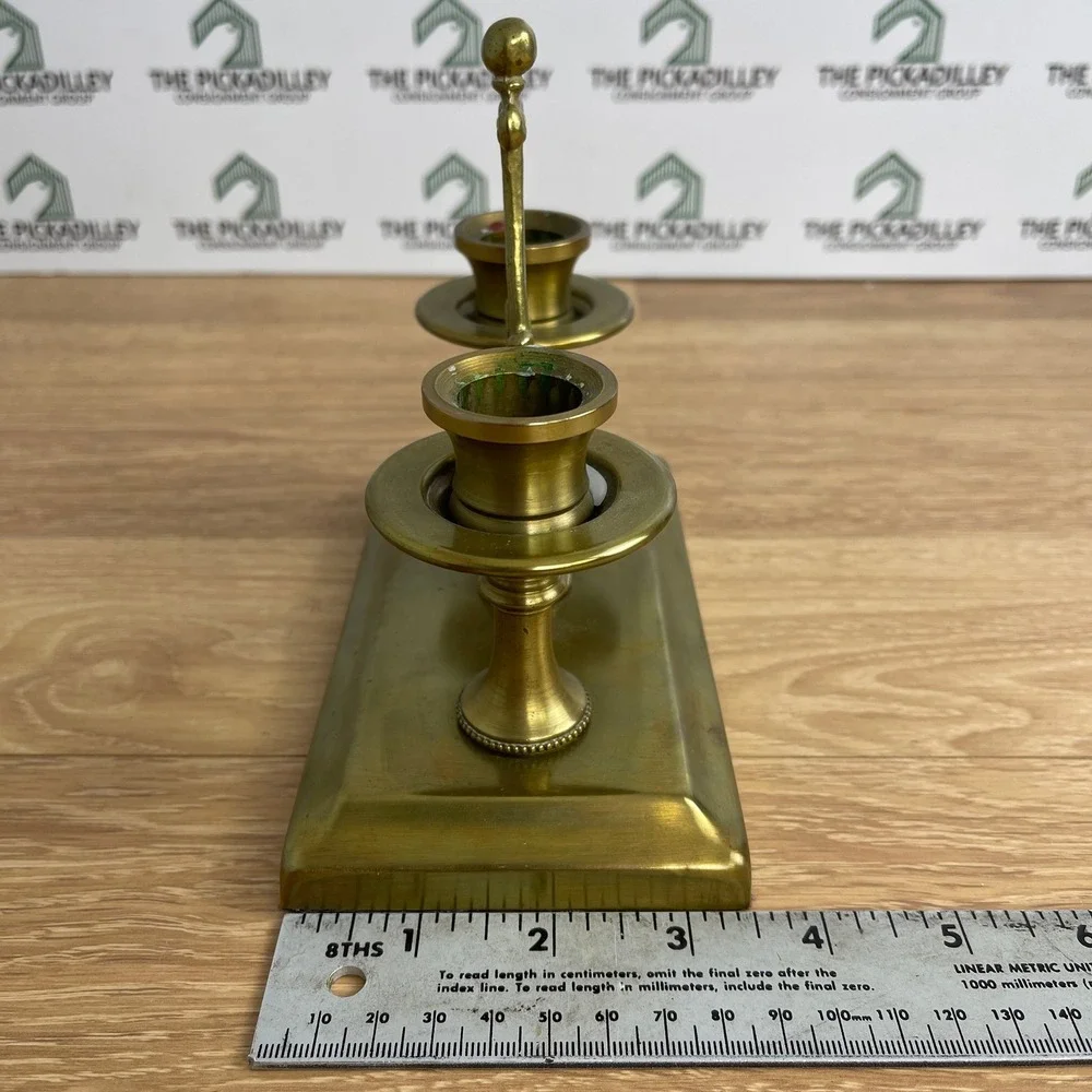 Vintage Solid Brass Double Taper Candle Holder Ornate Handle Rectangular Base